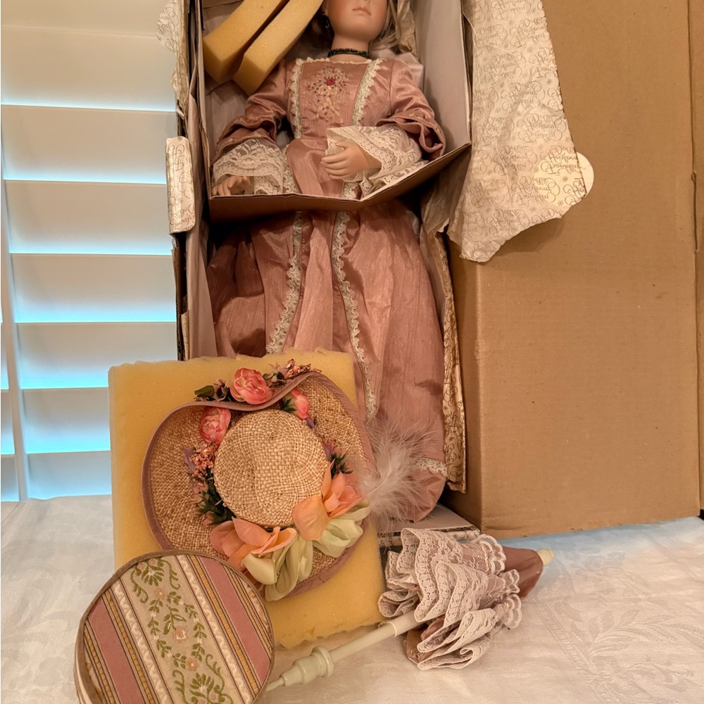 Franklin Heirloom Doll, Elegant Pink Victorian Doll with Accessories. 22"
